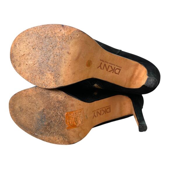 DKNY Teryn Black Suede Mid-Calf Stiletto Platform Boots Gold Zip Women's Size 10 - Picture 10 of 12